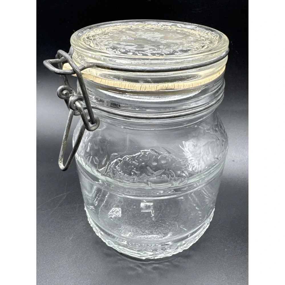 Vintage 70s Floral Cove Glass Jar Wire Latch Canister 1 Liter / Quart 6.5